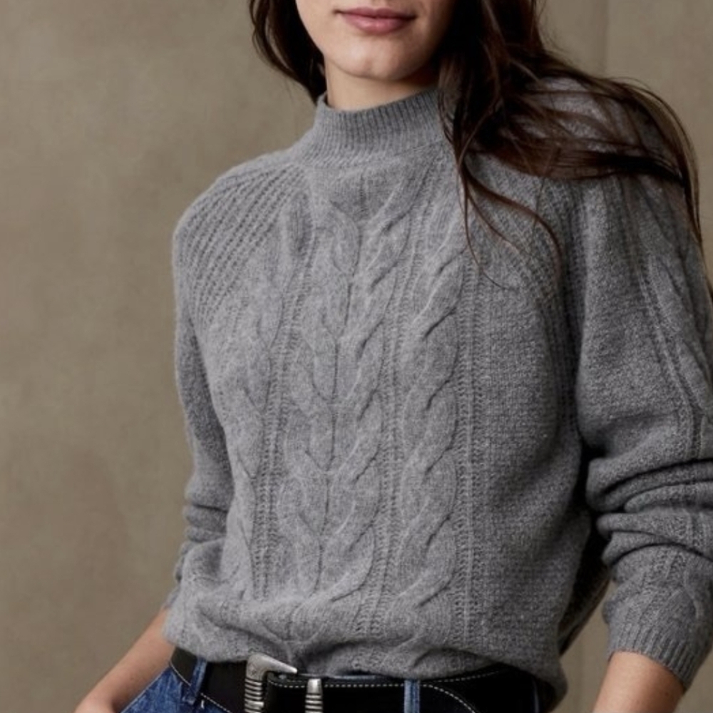 Banana Republic Italian Yarn Merino Wool Blend Cable Crewneck Heather Grey L